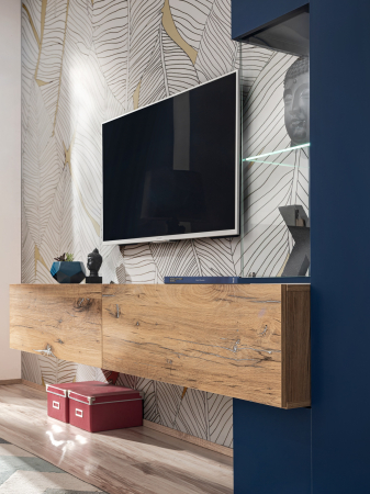 Mobila living moderna, albastru inchis/stejar natur, 210 cm lungime, usi deschidere push open/prin apasare, Bortis [15]