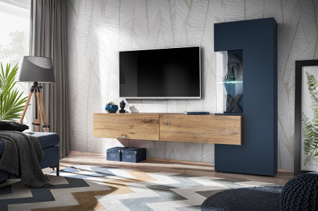 Set mobilier Living - Mobila living moderna, albastru inchis/stejar natur, 210 cm lungime, usi deschidere push open/prin apasare, Bortis