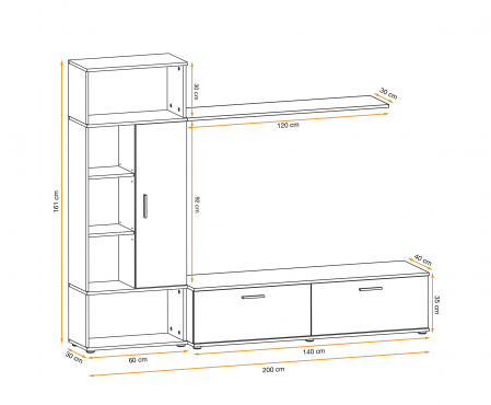 Mobila Living sufragerie , 200 cm lungime x 161 inaltime x 40 cm adancime, Gri perlat mat / Stejar artisan, canturi abs , comoda tv, dulap, raft, Bortis [3]
