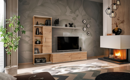 Toate Produsele - Mobila Living sufragerie , 200 cm lungime x 161 inaltime x 40 cm adancime, Gri perlat mat / Stejar artisan, canturi abs , comoda tv, dulap, raft, Bortis