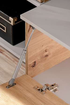 Mobila Living sufragerie , 200 cm lungime x 161 inaltime x 40 cm adancime, Gri perlat mat / Stejar artisan, canturi abs , comoda tv, dulap, raft, Bortis [12]