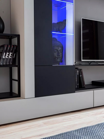 Mobila Living-sufragerie /camera de zi , negru perlat/gri perlat , 300 cm lungime, usi deschidere push open, vitrina iluminata led [11]
