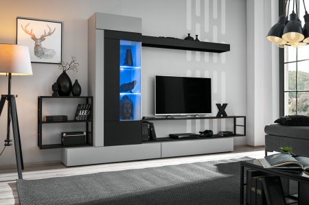 Set mobilier Living - Mobila Living-sufragerie /camera de zi , negru perlat/gri perlat , 300 cm lungime, usi deschidere push open, vitrina iluminata led