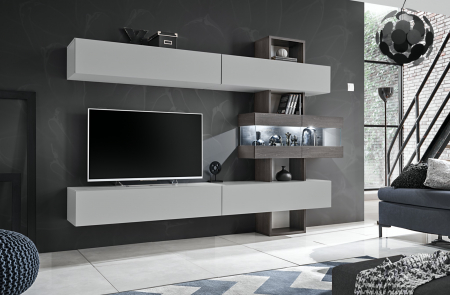 Set mobilier Living - Mobila Living-sufragerie /camera de zi , stejar grafit/gri perlat  , 230 cm lungime, usi deschidere push open