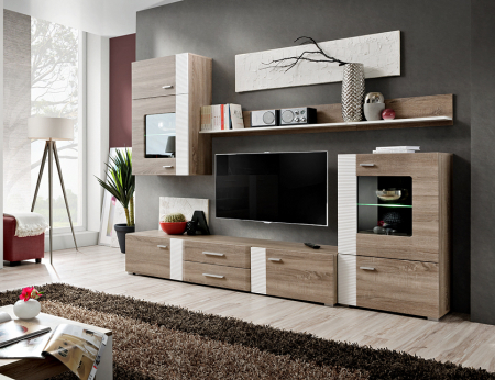 Set mobilier Living - Mobila Living-sufragerie /camera de zi , stejar sonoma inchis/alb lucios striat , 240 cm lungime, Bortis