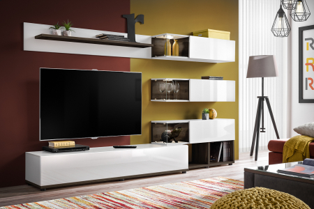 Set mobilier Living - Mobila Living , usi deschidere push open/prin apasare, fronturi alb lucios/nuc inchis-alb , 240 cm lungime, cu vitrina, sticla securizata , lumina led