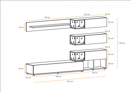 Mobila Living , usi deschidere push open/prin apasare, fronturi alb lucios/nuc inchis-alb , 240 cm lungime, cu vitrina, sticla securizata , lumina led [3]