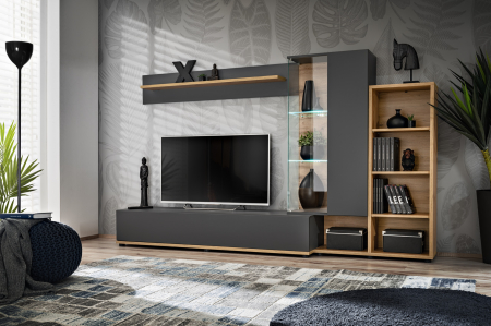 Set mobilier Living - Mobila Living , usi deschidere push open/prin apasare,  gri grafit /stejar artizan , 240 cm lungime, cu vitrina, sticla securizata , lumina led
