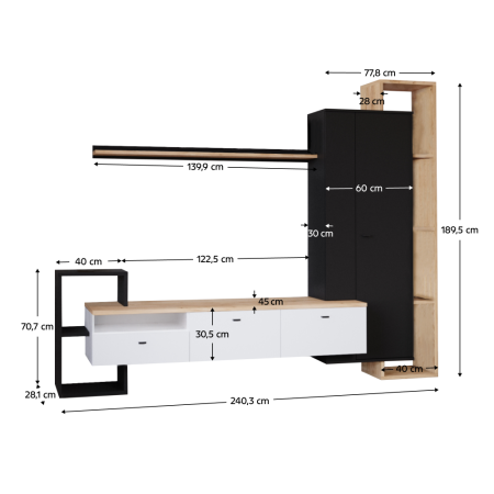 Mobilier Living camera de zi, negru/alb/stejar craft auriu, 241 cm lungime x 190 cm inaltime, canturi abs [1]