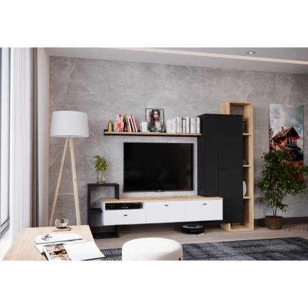 Mobilier Living camera de zi, negru/alb/stejar craft auriu, 241 cm lungime x 190 cm inaltime, canturi abs [6]