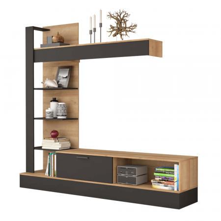 Set mobilier Living - Mobilier de perete living, stejar Riviera / negru, GELUZA