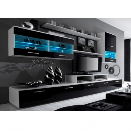 Set mobilier Living - Mobilier living, alb/extra strălucire neagră HG, LEO