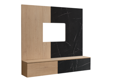 Mobilier Living camera de zi, 160cm x 148cm x 35 cm, stejar cremona/pal marmura neagra, suspendat, prindere perete, comoda tv cu chenar perete cu caneluri, deschidere usi push open [3]