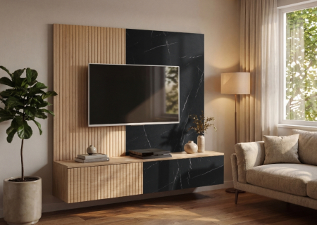 Mobilier Living camera de zi, 160cm x 148cm x 35 cm, stejar cremona/pal marmura neagra, suspendat, prindere perete, comoda tv cu chenar perete cu caneluri, deschidere usi push open [0]