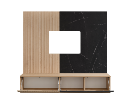 Mobilier Living camera de zi, 160cm x 148cm x 35 cm, stejar cremona/pal marmura neagra, suspendat, prindere perete, comoda tv cu chenar perete cu caneluri, deschidere usi push open [4]