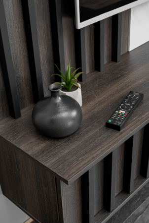 Mobilier Living camera de zi, 160cm x 148cm x 35 cm, cu riflaj, stejar grafit/pal marmura alba, suspendat, prindere perete, comoda tv cu chenar perete cu caneluri, deschidere usi push open [3]