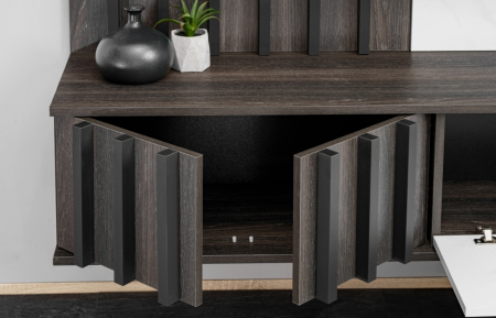 Mobilier Living camera de zi, 160cm x 148cm x 35 cm, cu riflaj, stejar grafit/pal marmura alba, suspendat, prindere perete, comoda tv cu chenar perete cu caneluri, deschidere usi push open [5]