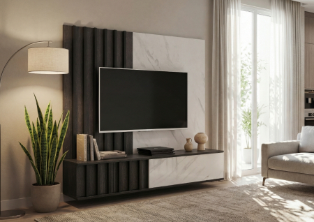 Set mobilier Living - Mobilier Living camera de zi, 160cm x 148cm x 35 cm, cu riflaj, stejar grafit/pal marmura alba, suspendat, prindere perete, comoda tv cu chenar perete cu caneluri, deschidere usi push open