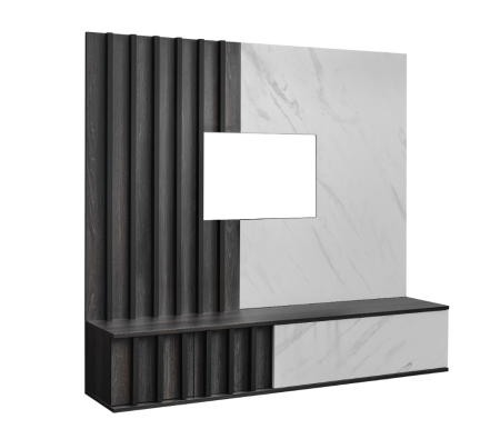 Mobilier Living camera de zi, 160cm x 148cm x 35 cm, cu riflaj, stejar grafit/pal marmura alba, suspendat, prindere perete, comoda tv cu chenar perete cu caneluri, deschidere usi push open [7]