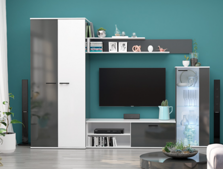 Set mobilier Living - Mobilier Living camera de zi, pal antracit lucios /alb lucios, usi soft close, vitrina cu led, 260cm lungime x 190cm inaltimex 53 adancime, cu dulap haine