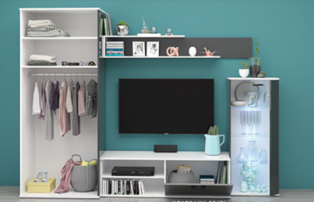 Mobilier Living camera de zi, pal antracit lucios /alb lucios, usi soft close, vitrina cu led, 260cm lungime x 190cm inaltimex 53 adancime, cu dulap haine [1]