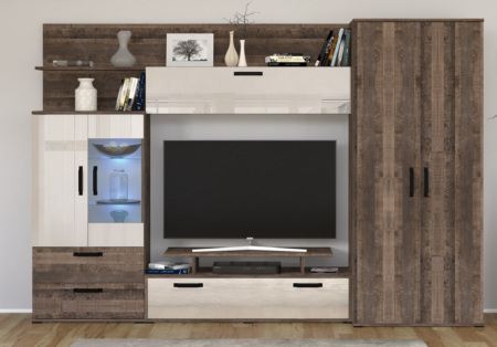 Set mobilier Living - Mobilier Living camera de zi, pal stejar invechit/ mdf crem satin lucios, usi soft close, vitrina cu led, 280cm lungime x 190cm inaltimex 53 adancime, cu dulap haine