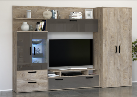 Set mobilier Living - Mobilier Living camera de zi, pal stejar nordic/ ciocolata lucios, usi soft close, vitrina cu led, 280cm lungime x 190cm inaltimex 53 adancime, cu dulap haine