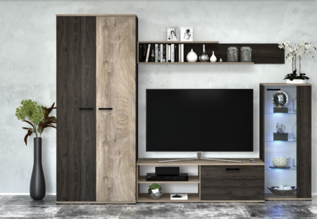 Set mobilier Living - Mobilier Living camera de zi, pal stejar nordic/stejar cremona, usi soft close, vitrina cu led, 260cm lungime x 190cm inaltimex 53 adancime, cu dulap haine