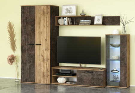 Set mobilier Living - Mobilier Living camera de zi, pal stejar wotan/ dark, usi soft close, vitrina cu led, 260cm lungime x 190cm inaltimex 53 adancime, cu dulap haine
