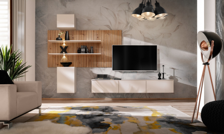 Toate Produsele - Mobilier Living modern, suspendat-prindere perete , 280 cm lungime, Casmir/stejar artisan-imprimeu riflaj dungi negre, usi deschidere push open ,  canturi abs, rafturi iluminate, Bortis