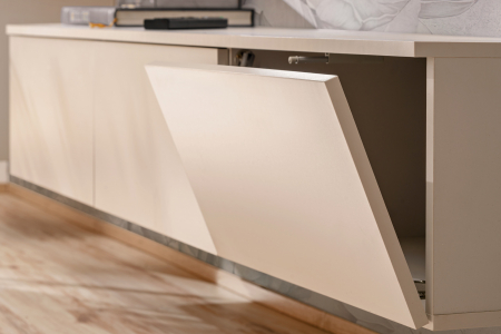 Mobilier Living modern, suspendat-prindere perete , 280 cm lungime, Casmir/stejar artisan-imprimeu riflaj dungi negre, usi deschidere push open ,  canturi abs, rafturi iluminate, Bortis [14]