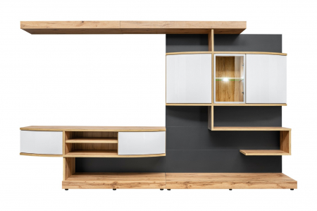 Mobilier living sufragerie, 300 cm lungime, alb lucios/stejar artisan/grafit, usi curbate mdf, led, deschidere usi push open/prin apasare, Bortis [1]