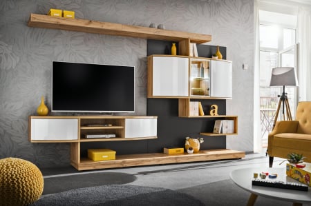 Set mobilier Living - Mobilier living sufragerie, 300 cm lungime, alb lucios/stejar artisan/grafit, usi curbate mdf, led, deschidere usi push open/prin apasare, Bortis