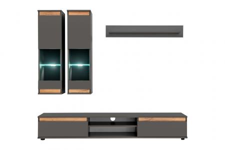 Mobilier Living-sufragerie /camera de zi , gri inchis antracit/stejar artisan  , 175 cm lungime, usi deschidere fara manere, vitrina iluminata led [1]
