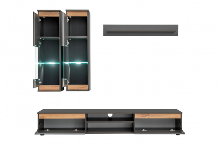 Mobilier Living-sufragerie /camera de zi , gri inchis antracit/stejar artisan  , 175 cm lungime, usi deschidere fara manere, vitrina iluminata led [2]