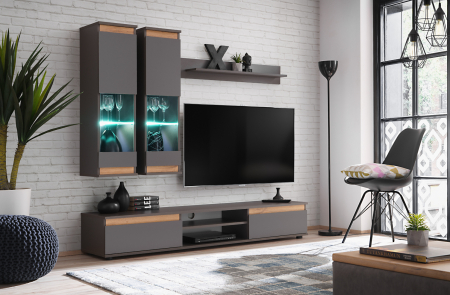 Set mobilier Living - Mobilier Living-sufragerie /camera de zi , gri inchis antracit/stejar artisan  , 175 cm lungime, usi deschidere fara manere, vitrina iluminata led
