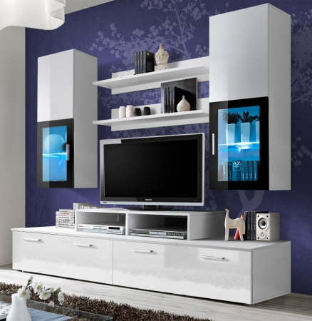 Mobilier living /sufragerie moderna, 200 cm lungime, alb lucios/alb,  mdf, led, vitrina neagra, Bortis [1]