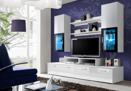 Set mobilier Living - Mobilier living /sufragerie moderna, 200 cm lungime, alb lucios/alb,  mdf, led, vitrina neagra, Bortis