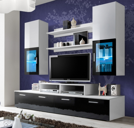 Mobilier living /sufragerie moderna, 200 cm lungime, alb lucios/negru lucios/alb,  mdf, led, vitrina neagra, Bortis [1]