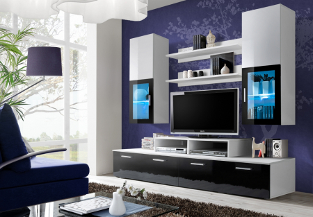 Set mobilier Living - Mobilier living /sufragerie moderna, 200 cm lungime, alb lucios/negru lucios/alb,  mdf, led, vitrina neagra, Bortis