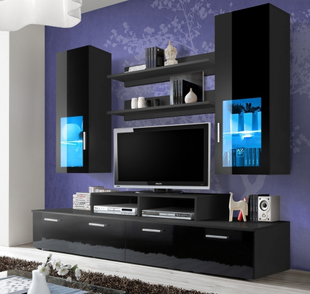Set mobilier Living - Mobilier living /sufragerie moderna, 200 cm lungime, negru lucios/negru, led, vitrina neagra,