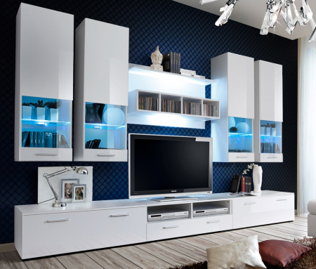 Set mobilier Living - Mobilier living /sufragerie moderna, 300 cm lungime, alb lucios/alb, mdf, led, vitrina, Bortis