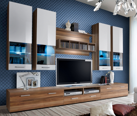 Set mobilier Living - Mobilier living /sufragerie moderna, 300 cm lungime, alb lucios/nuc,pvc, abs, led, vitrina,