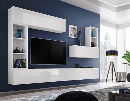 Set mobilier Living - Mobilier Living suspendat, 280 cm lungime , alb lucios pvc/alb mat carcasa, usi deschidere push open/prin apasare,