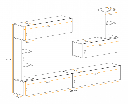 Mobilier Living suspendat, 280 cm lungime , alb lucios pvc/alb mat carcasa, usi deschidere push open/prin apasare, [2]