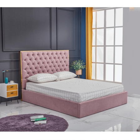 Pat tapitat dormitor lux ,160x200 cm,cu lada, inclus suport saltea metalic-rabatabil ,stofa roz invechit,Bortis Impex [3]