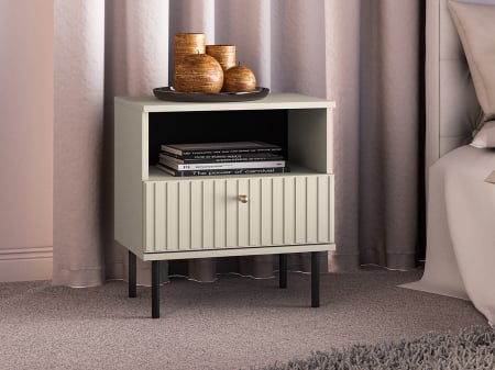 Toate Produsele - Noptiera cu 1 sertar, casmir beige crem, mdf model riflaj la sertar, maner buton auriu, 53x50x34 cm , picioare negre