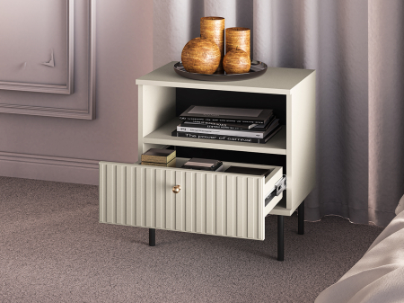 Noptiera cu 1 sertar, casmir beige crem, mdf model riflaj la sertar, maner buton auriu, 53x50x34 cm , picioare negre [7]