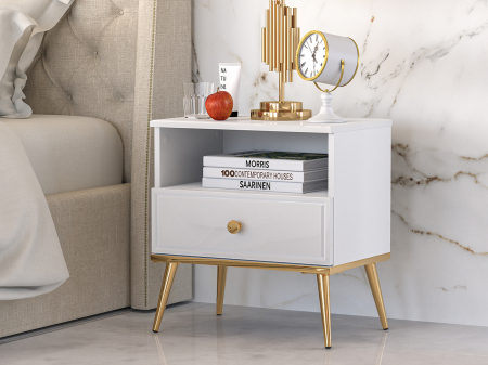 Promotia saptamanii (extra discount )  - % - Noptiera dormitor , alb/mdf lucios/auriu, cu 1 sertar si spatiu gol,  picioare, buton auriu, 54x50x34 cm,