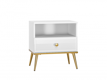Noptiera dormitor , alb/mdf lucios/auriu, cu 1 sertar si spatiu gol,  picioare, buton auriu, 54x50x34 cm, [3]